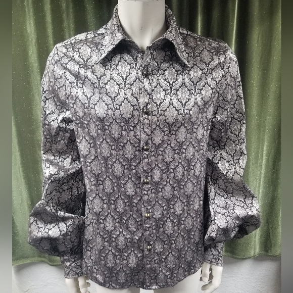 Men's Devil Fashion Brocade Print Witch or Prince Shirt with Puff Sleeves - Picture 5 of 6